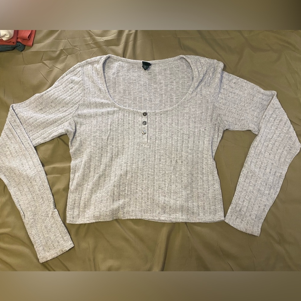 Gray Ribbed Long Sleeve Top